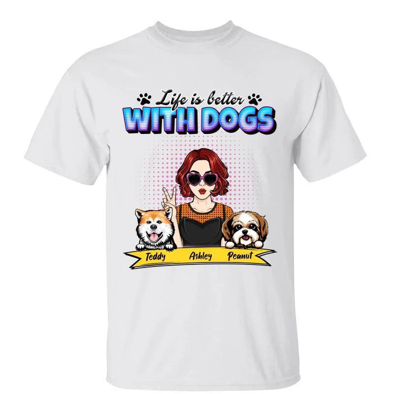 Custom event T-shirts for work celebrations-Life Is Better Dog Mom Pop Art Woman Personalized Shirt