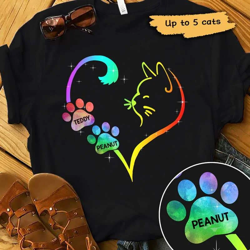 Funny graphic tees for gamers-Cat Outline Paws Heart Personalized Shirt