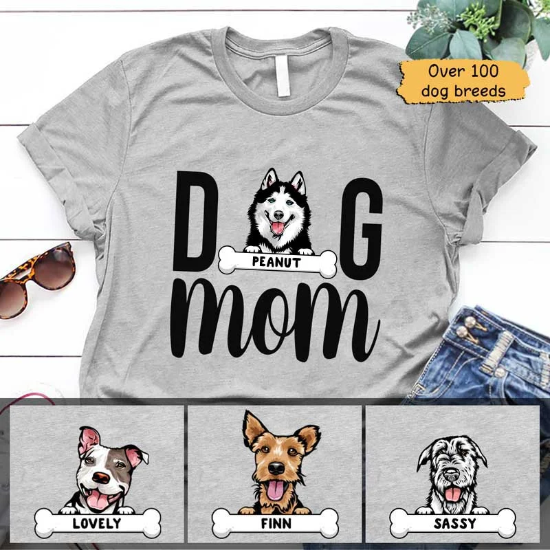 Personalized slogan T-shirts for couples-Peeking Dog Mom Personalized Dog Mom Shirt