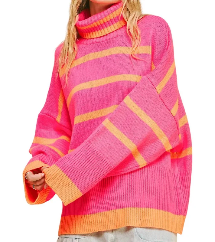 White V-neck pullover sweater for office-Women's Mini Denim Pullovers-Striped Oversized Sweater In Pink/orange