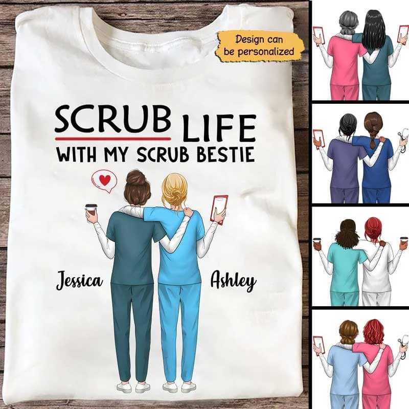 Motivational graphic T-shirts for students-Scrub Besties Personalized Shirt