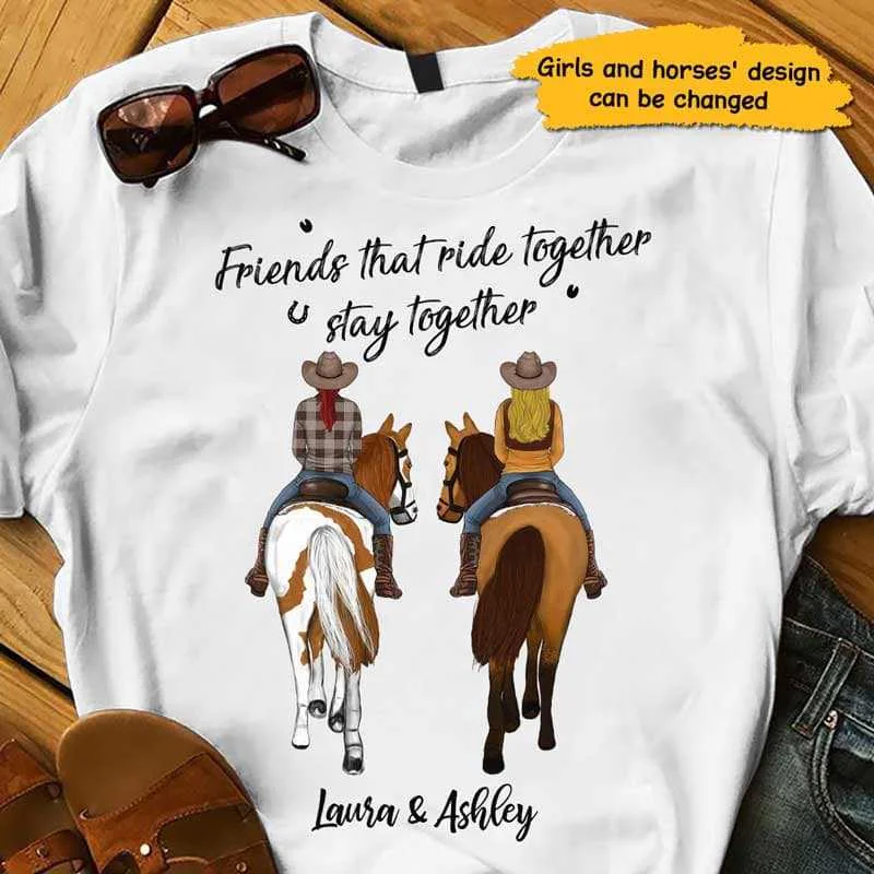 Custom funny sports team T-shirts-Friends Ride Together Stay Together Horse Girl Back View Personalized Shirt