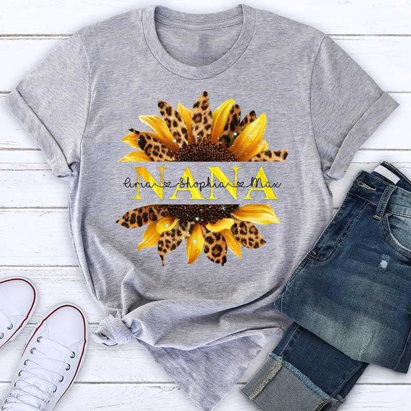 Personalized funny holiday T-shirts-Leopard Sunflower Grandma Personalized Shirt