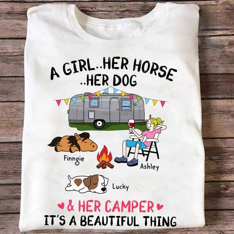 Custom designs for birthday graphic T-shirts-A Camping Girl And Her Horses Dogs Personalized Shirt