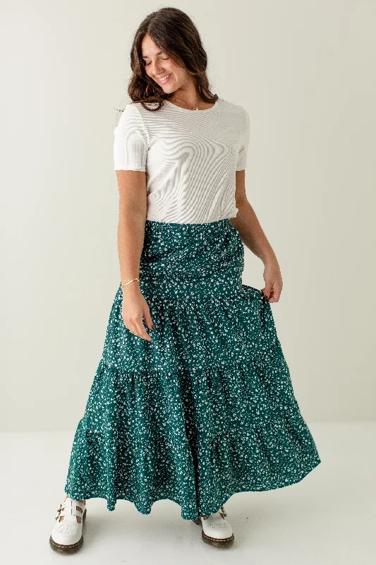 Skirts for trendy style-Women's Insulated Pleated Skirts-'Rhythm' Tiered Floral Maxi Skirt in Dark Green