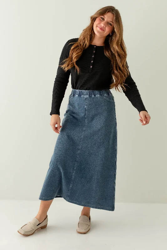 Skirts in bold purple-Women's Tulle Ruffle Skirts-'Caroline' Long Knit Denim Skirt