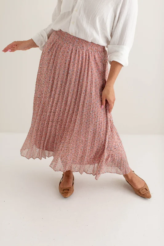 Skirts in rich navy-Women's Plaid Skirts-'Ida' Ditsy Floral Pleated Midi Skirt in Soft Pink