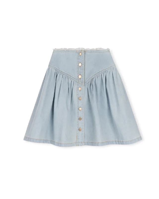 Skirts with subtle pattern-Women's Metallic Ruffle Skirts-skirt fringed edges - denim