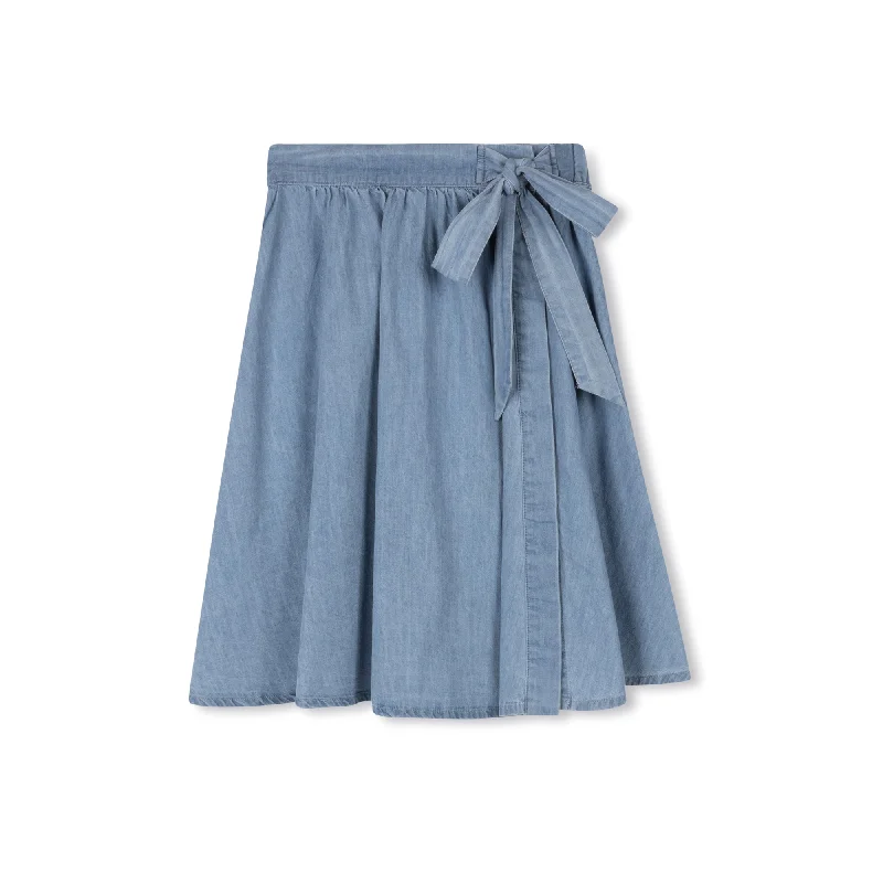 Skirts with elastic hem-Women's High-Waisted Pleated Skirts-Velvette Label Denim Side Tie Skirt