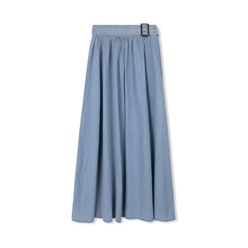 Skirts in magenta-Women's Lace Denim Skirts-Velvette Label Teen Blue Denim Buckle Maxi Skirt