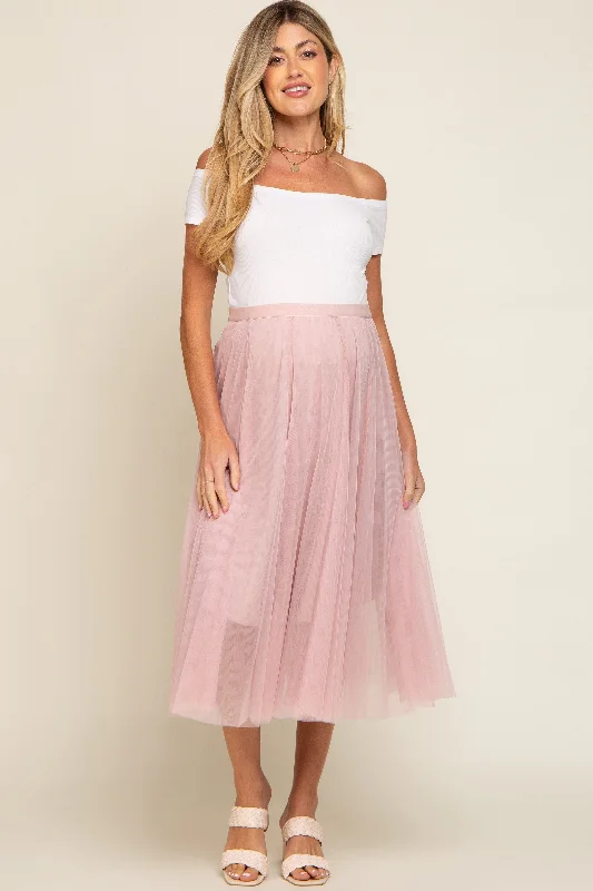 Skirts for casual style-Women's Ruffle Skirts-Light Pink Tulle Maternity Midi Skirt