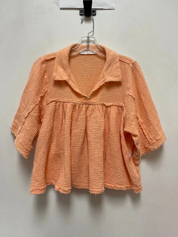 trendy shirts online-Blouses and shirts in dusty rose -Women's Mandarin Collar Blouses-Top Short Sleeve By Ces Femme In Orange, Size: M