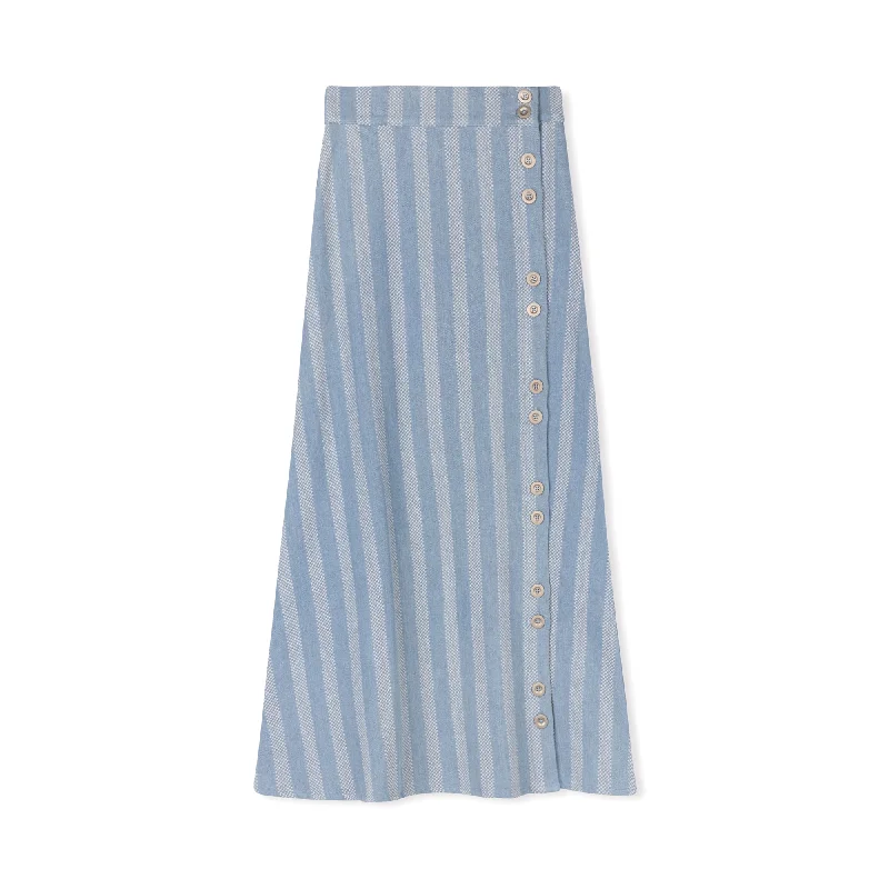 Skirts for chic look-Women's Insulated Pencil Skirts-Velvette Label Denim Stripe Button Skirt