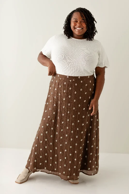 Skirts for chic outfits-Women's Waterproof Pleated Skirts-'Melissa' Embroidered Floral Maxi Skirt in Brown