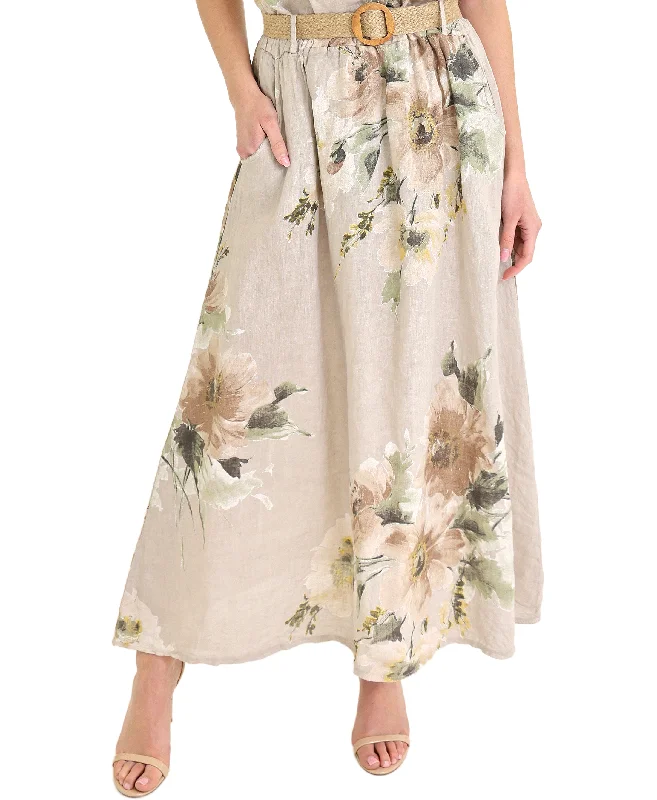 Skirts with tulle-Women's High-Waisted Floral Skirts-Linen Floral Maxi Skirt