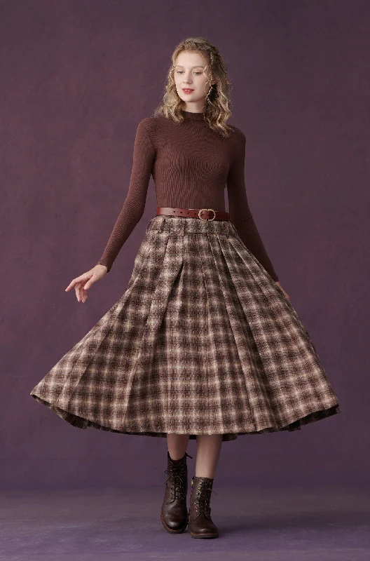 Skirts for beach-Women's Fleece A-Line Skirts-City Exclusives 11 | Check wool skirt in brown