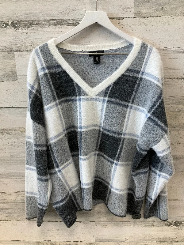 Blue chunky pullover sweater for cold-Women's Ribbed Denim Pullovers-Sweater By Rachel Zoe In Blue & White, Size: 1x