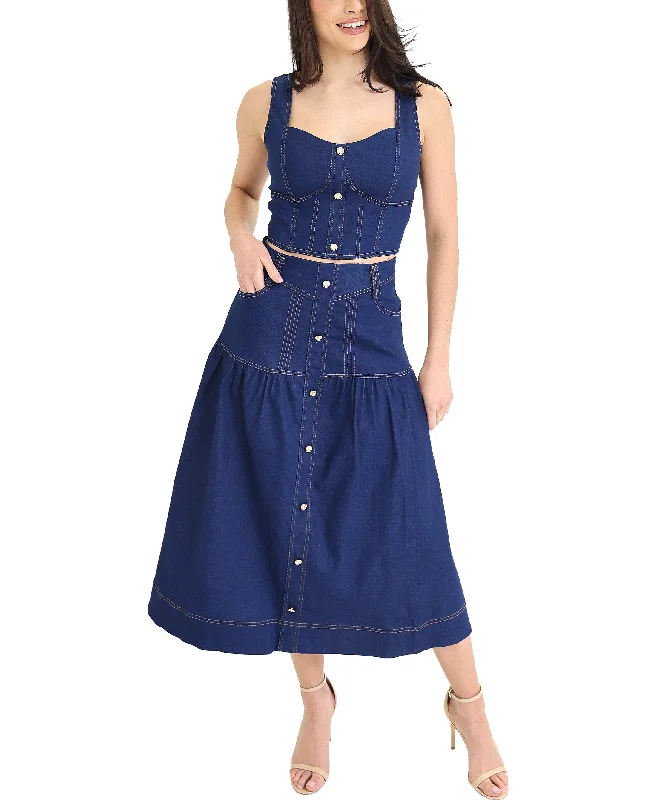 Skirts with boho style-Women's Glitter Ruffle Skirts-Denim Tank & Midi Skirt Set- 2 Pc Set