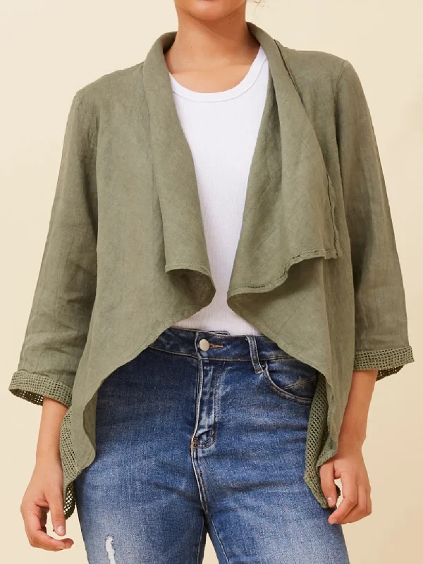 Green slim-fit pullover sweater for women-Women's Shimmer A-Line Pullovers-BOTTEGA MODA 3/4 SLEEVE LINEN CARDI