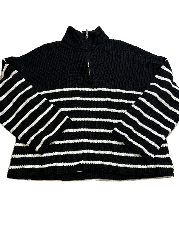 Navy short pullover sweater for fall-Women's Zip-Up Ruffle Pullovers-Sweater By Edikted In Black & White, Size: Xl