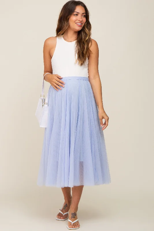 Skirts for evening class-Women's Shimmer Pencil Skirts-Light Blue Tulle Maternity Midi Skirt