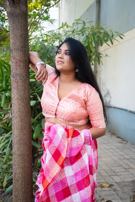 natural blouses for spring-Blouses and shirts in soft rose -Women's Scarf Print Blouses-Glamorous Banarasi blouse