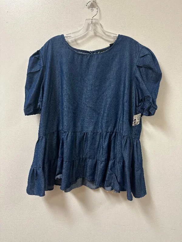 white blouses for women-Blouses and shirts for spring events -Women's Poplin Shirts-Top Short Sleeve By New York And Co In Blue, Size: 2x