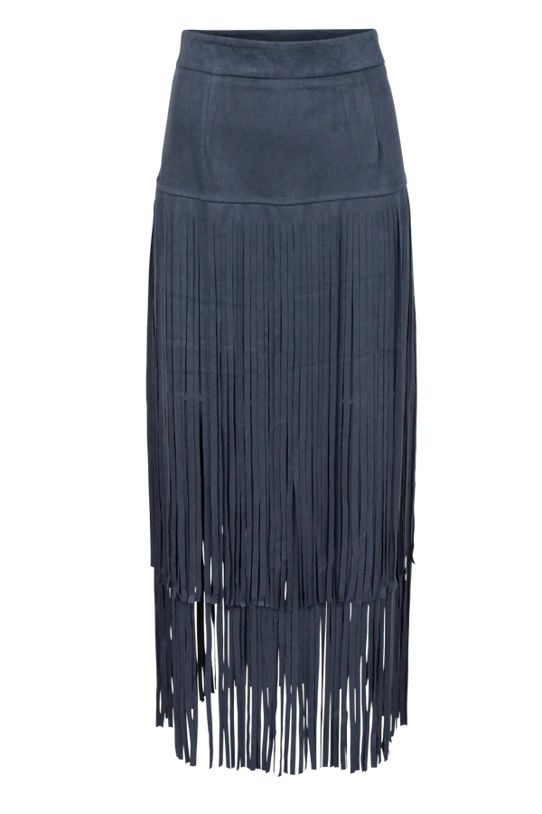 Skirts with button details-Women's Bohemian Skirts-Suede Fringe Skirt in Navy by Adore