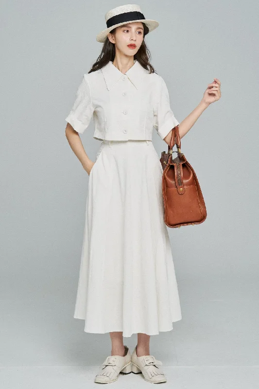 Skirts for relaxed fit-Women's Button-Front Pleated Skirts-《キリンにパンを食べさせて》クラシカルパターンスカート-White