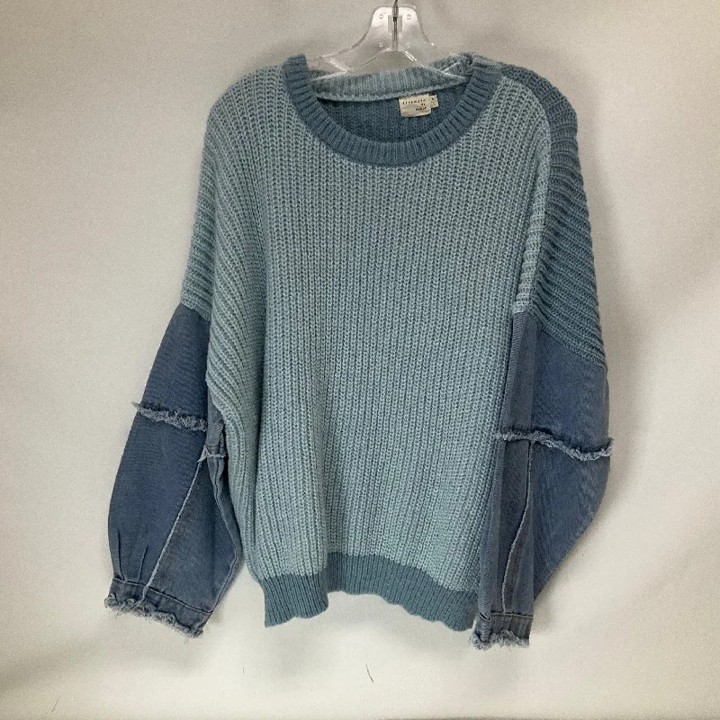 Oversized cotton pullover sweater for men-Women's Button-Front Ruffle Pullovers-Sweater By Dreamers In Blue, Size: Xl