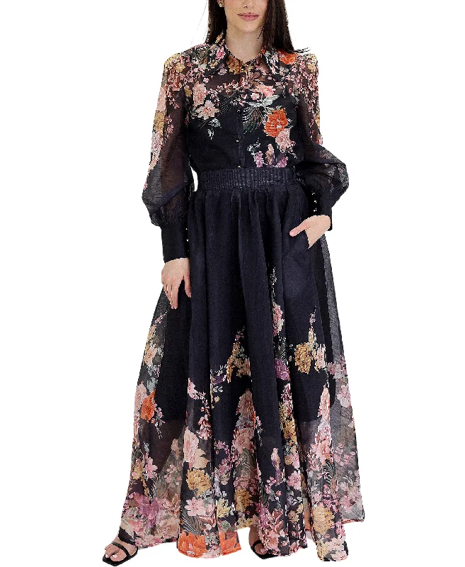 Skirts with flare-Women's Fringe Floral Skirts-Floral Printed Blouse & Maxi Skirt Set- 2 Pc Set