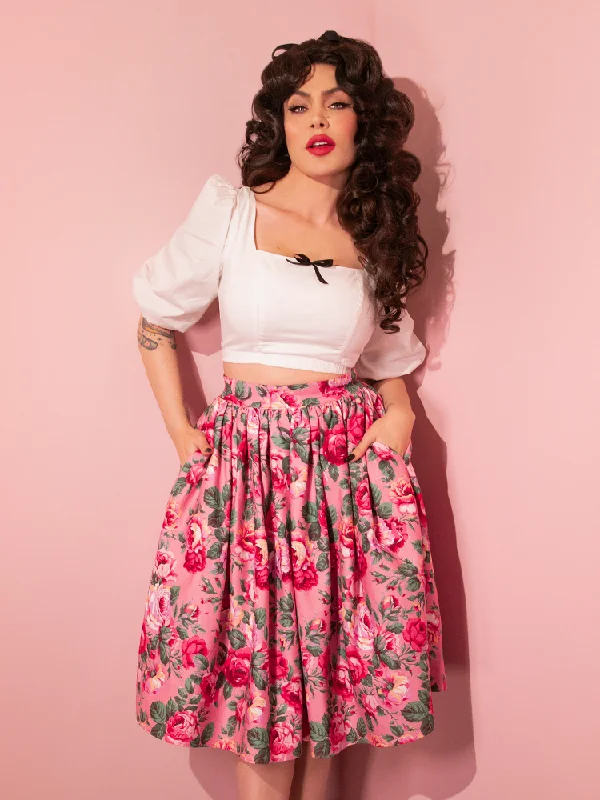 Skirts with subtle hemline-Women's Waterproof Pencil Skirts-BACKLOT NON DAMAGED - Vixen Swing Skirt in Pink Rose Print - Vixen by Micheline Pitt