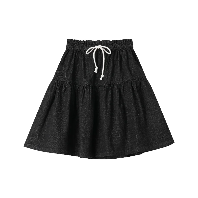 Skirts for trendy wear-Women's Silk Skirts-2 tier skirt with tie - black denim