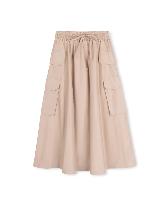 Skirts in deep blue-Women's Button-Front A-Line Skirts-skirt midi pockets and drawstrings - tan