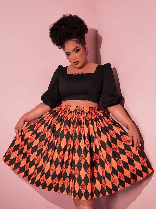 Skirts for trendy style-Women's Silk Pleated Skirts-BACKLOT NON DAMAGED - TRICK R TREAT™ Swing Skirt in Halloween Harlequin Print