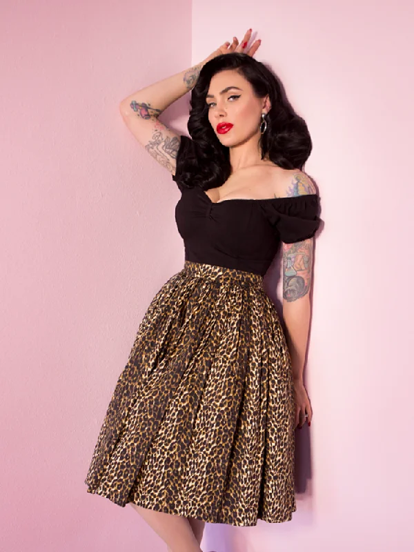 Skirts with soft fabric-Women's Windproof Pleated Skirts-BACKLOT NON DAMAGED - Vixen Swing Skirt in Wild Leopard Print - Vixen by Micheline Pitt