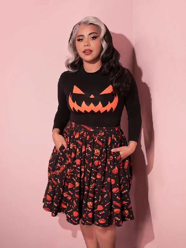 Skirts with modern pleats-Women's Ribbed A-Line Skirts-BACKLOT NON DAMAGED - TRICK R TREAT™ Skater Skirt in Candy Corn Novelty Print