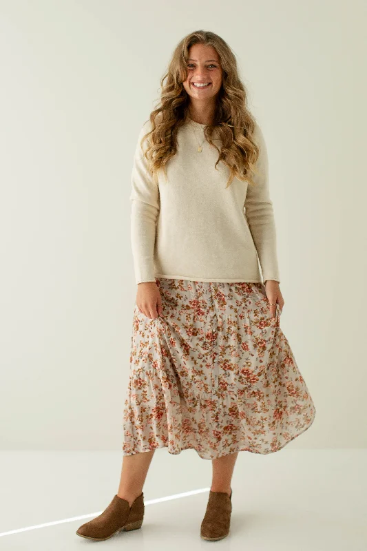 Skirts with flared hem-Women's Zip-Up A-Line Skirts-'Meredith' Floral Print Button Detail Midi Skirt in Light Taupe