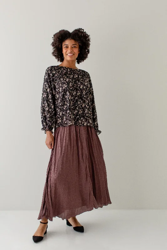 Skirts in pale coral-Women's Midi Denim Skirts-'Waltz' Pleated Satin Midi Skirt in Dusty Plum