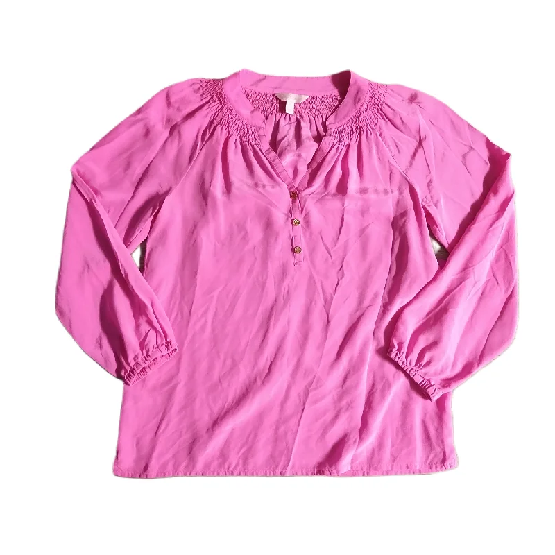 salmon casual blouses-Blouses and shirts with gathered hemline -Women's Button Down Shirts-Top Long Sleeve Designer By Lilly Pulitzer  Size: S