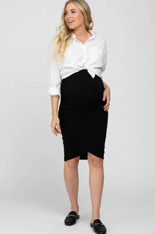 Skirts for casual flair-Women's Zip-Up Pencil Skirts-Black Ruched Maternity Wrap Pencil Skirt