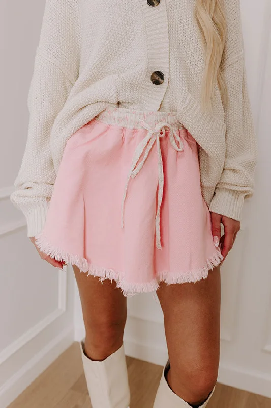 Skirts with modern fabric-Women's Sequin Pleated Skirts-The Cherish High Waist Denim Skort in Pink