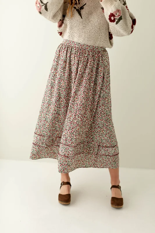 Skirts in rich maroon-Women's Formal Skirts-'Chelsie' Trim Detail Floral Print Skirt in Cream