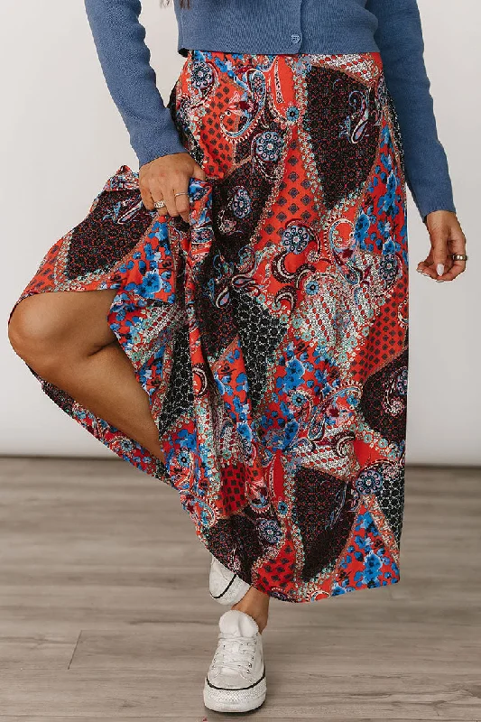 Skirts for casual fun-Women's Textured A-Line Skirts-Bradyn Paisley Maxi Skirt - Navy & Orange