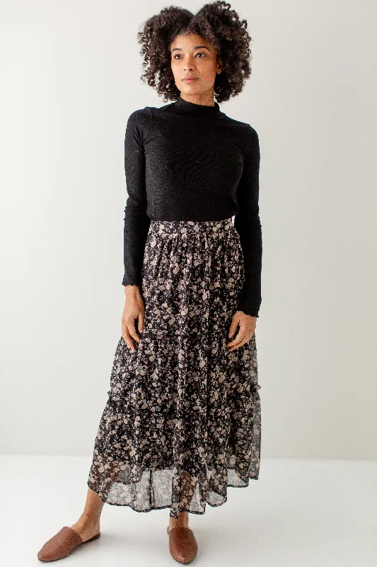 Skirts with subtle texture-Women's Ribbed Pencil Skirts-'Duette' Ruffle Hem Floral Chiffon Midi Skirt