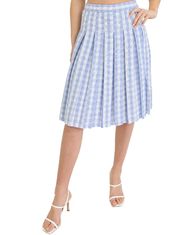 Skirts with smocking-Women's High-Waisted Ruffle Skirts-Pleated Check Knit Skirt