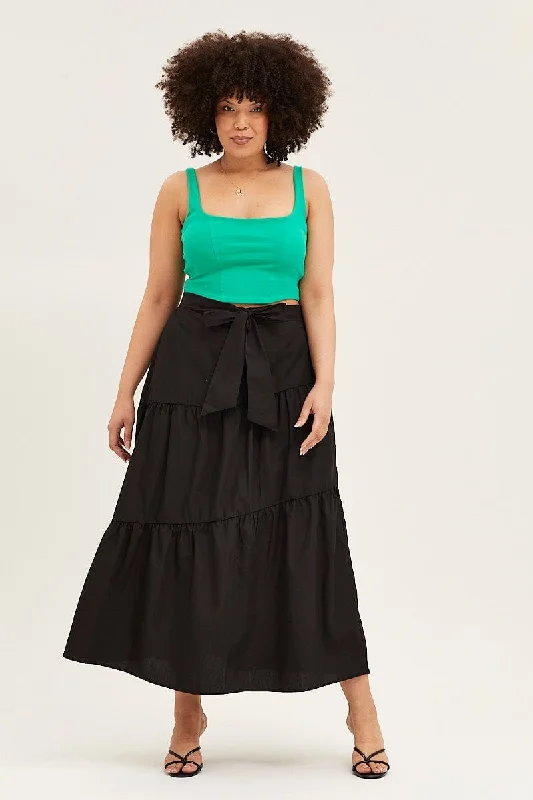 Skirts in teal-Women's Insulated Denim Skirts-Black Waist Tie Tiered Maxi Skirt