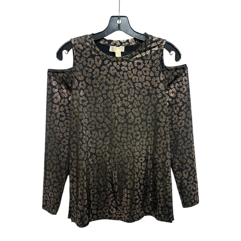 mocha linen shirts-Blouses and shirts with ruffle front -Women's High-Low Blouses-Metallic Top Long Sleeve By Michael By Michael Kors In Black & Gold, Size: S