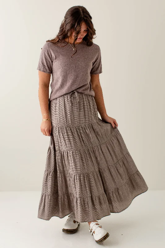 Skirts with soft pleats-Women's Thermal Floral Skirts-'Calypso' Pinstripe Tiered Maxi Skirt in Dark Taupe