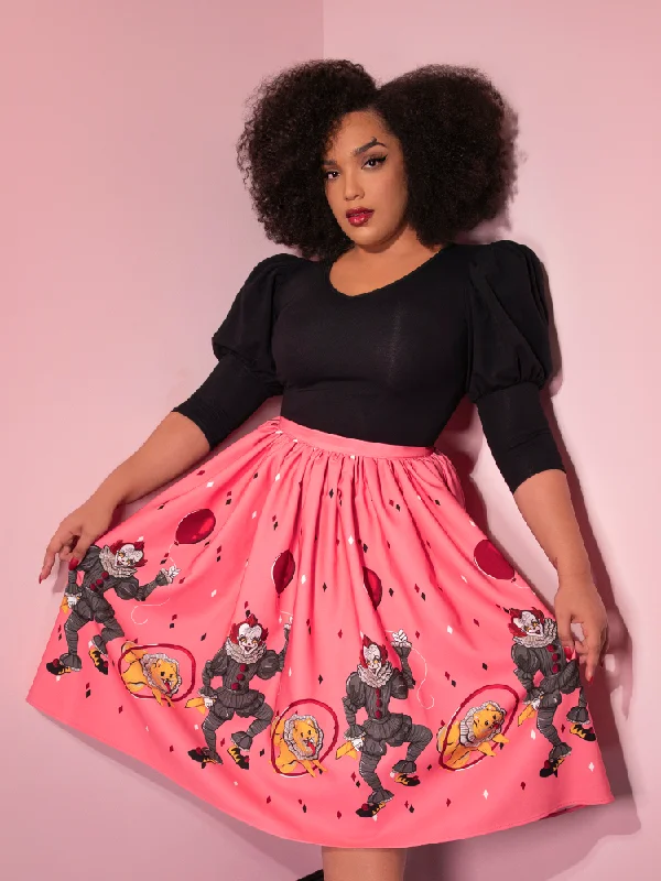 Skirts for evening grace-Women's Mini Denim Skirts-BACKLOT NON DAMAGED - Dancing Clown Swing Skirt in Pink